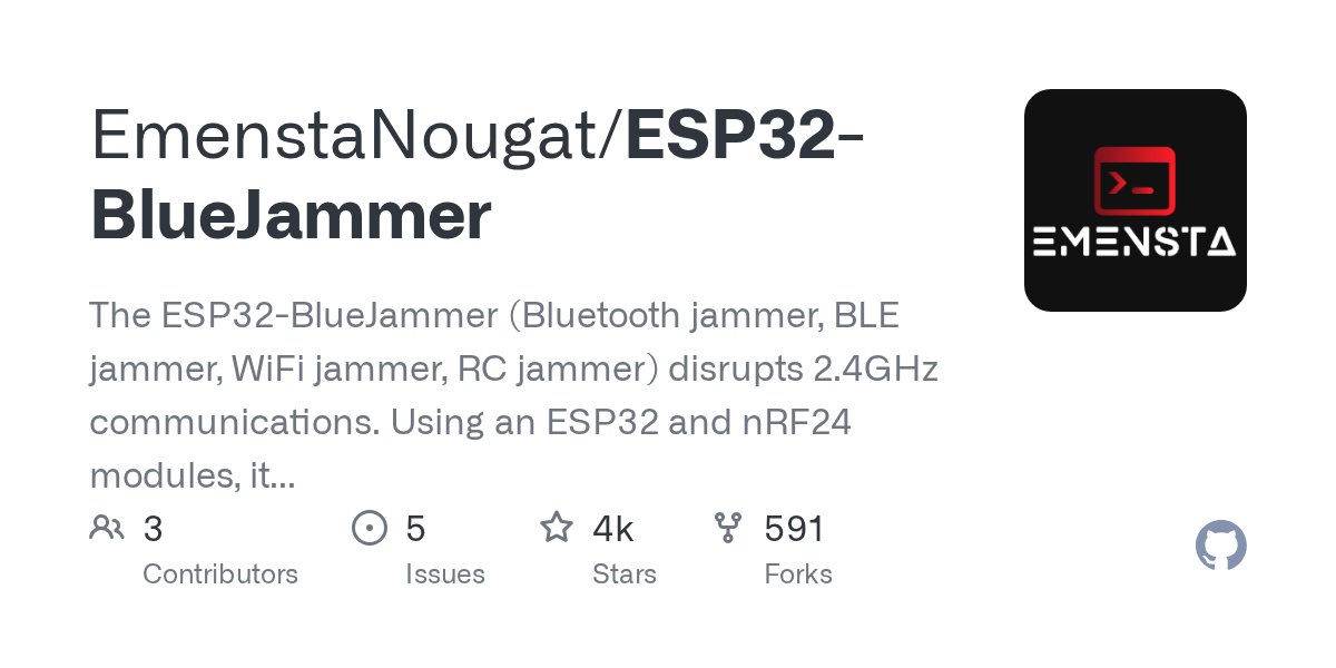 max_paperclips's tweet card. The ESP32-BlueJammer (Bluetooth jammer, BLE jammer, WiFi jammer, RC jammer) disrupts 2.4GHz communications. Using an ESP32 and nRF24 modules, it generates noise and unnecessary packets, causing int...