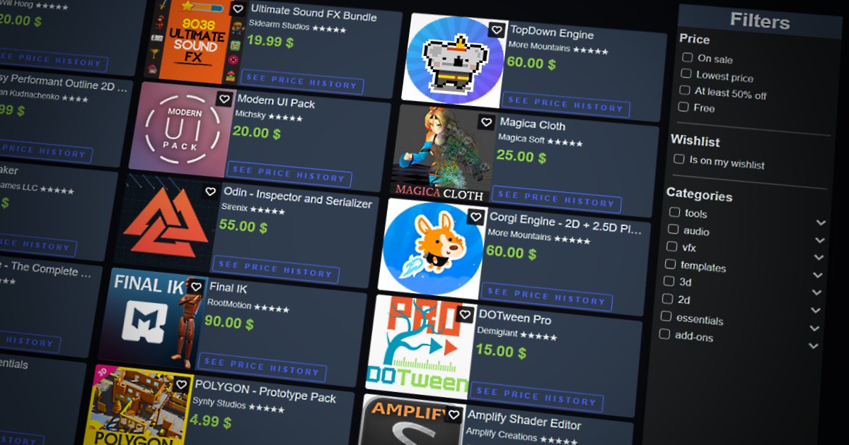 gamedevwishlist's tweet card. Cheaper Unity assets so you can buy more! Price history and alerts about all Unity game assets, including 3D models, shaders, scripts, tools, particles, texture, materials, audio and animation. -...