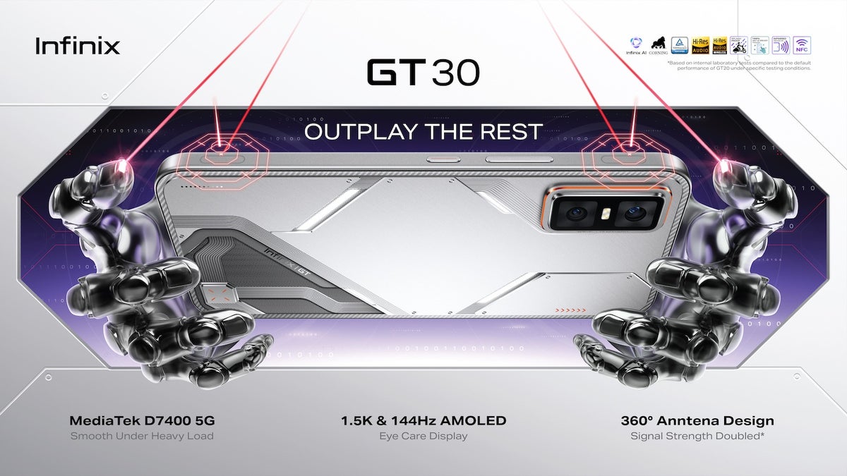 PhoneArena's tweet card. The Infinix GT 30 punches above its class with gaming triggers, a cool style, and 144 Hz screen