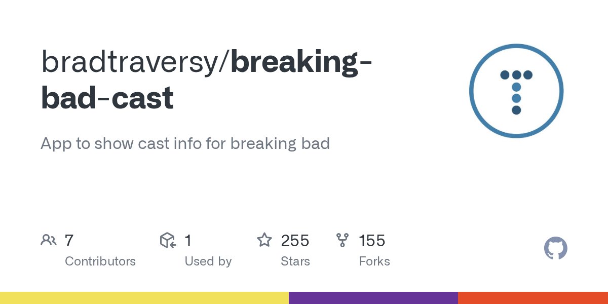 jsdotgit's tweet card. App to show cast info for breaking bad. Contribute to bradtraversy/breaking-bad-cast development by creating an account on GitHub.