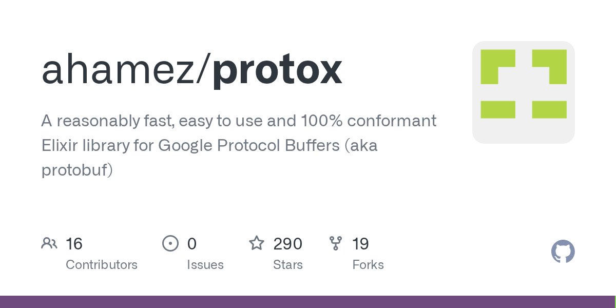 awesome_elixir's tweet card. A reasonably fast, easy to use and 100% conformant Elixir library for Google Protocol Buffers (aka protobuf) - ahamez/protox