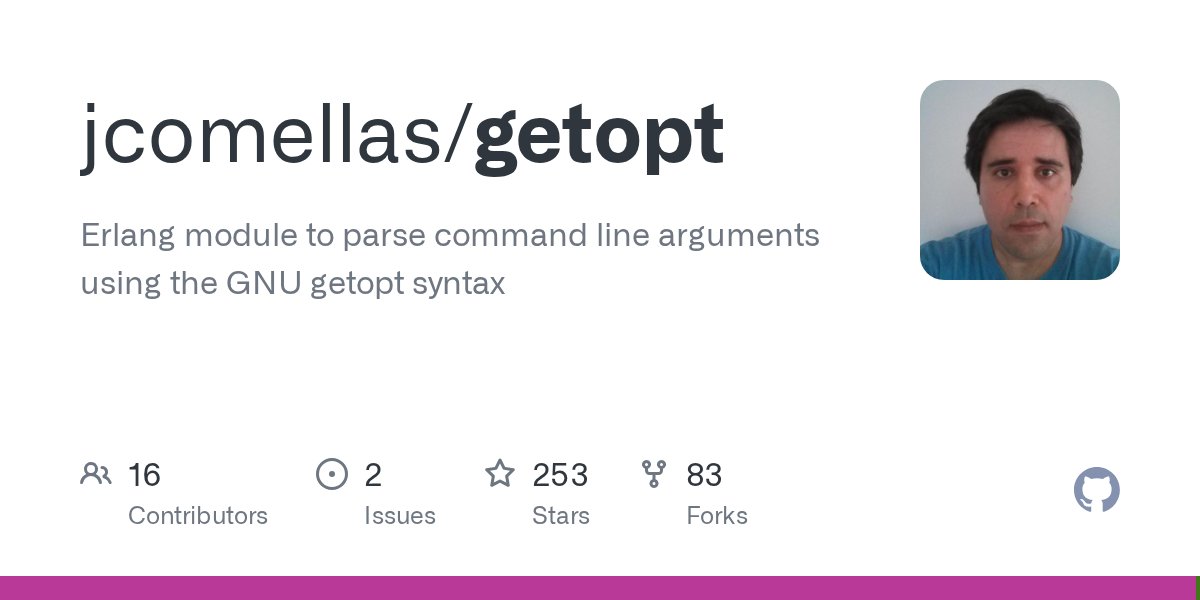 awesome_elixir's tweet card. Erlang module to parse command line arguments using the GNU getopt syntax - jcomellas/getopt