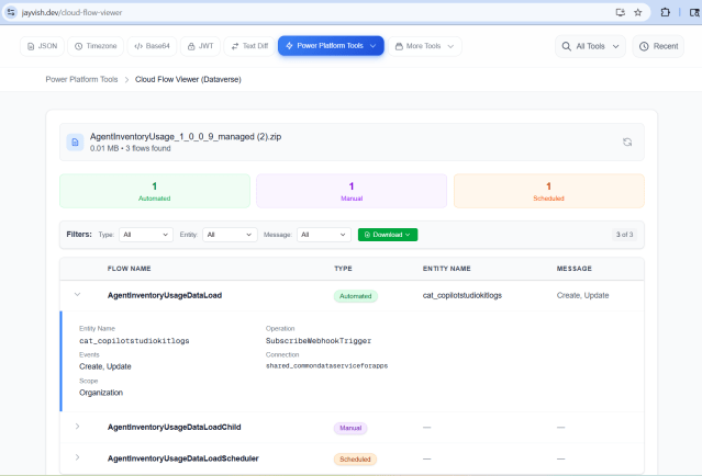 SchoolsAppsTeam's tweet card. I’ve added Cloud Flow Viewer tool to my hobby project JayVish Problem Statement: Let’s say you’ve received a Dataverse solution—managed or unmanaged—either from a colleague or from a Open Sou…