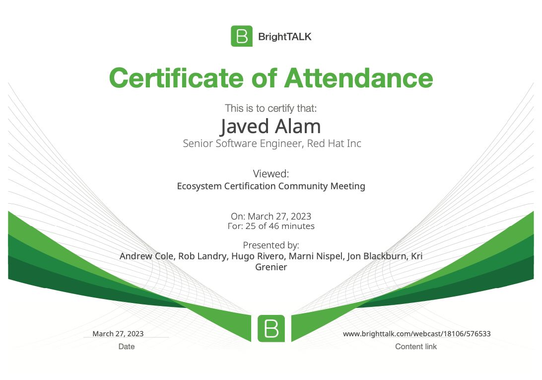 i_m_java's tweet card. Excited to share my BrightTALK attendance certificate for my recent live talk on Assisted Installer and Assisted Installer Test. #BrightTALK #AssistedInstaller #AssistedInstallerTest #itinfrastruct...