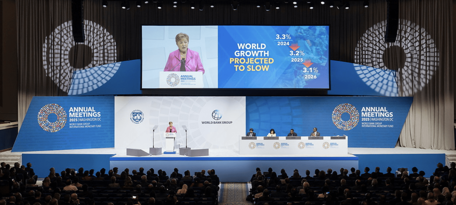 policy_mag's tweet card. IMF Managing Director Kristalina Georgieva addresses the plenary of the IMF-World Bank Annual Meetings in Washington, October 17, 2025/IMF photo