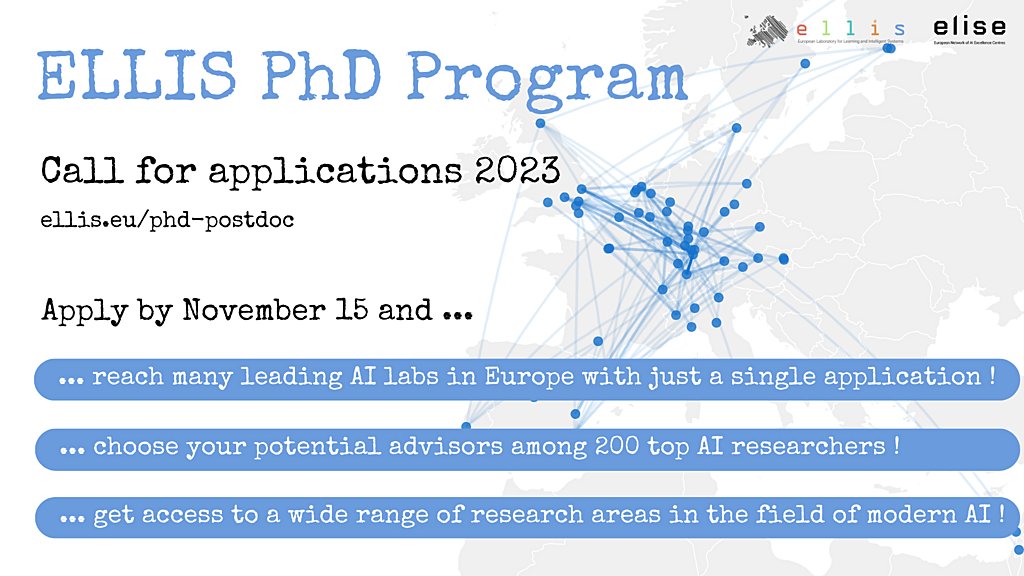 ELLISforEurope's tweet card. The ELLIS mission is to create a diverse European network that promotes research excellence and advances breakthroughs in AI, as well as a pan-European PhD program to educate the next generation of...