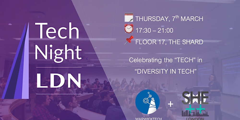 sheplusplusldn's tweet card. Tech Night LDN is a mini-conference packed with talks, workshops, and networking, with a focus on celebrating diversity in tech. We believe that in order to truly make strides towards achieving...