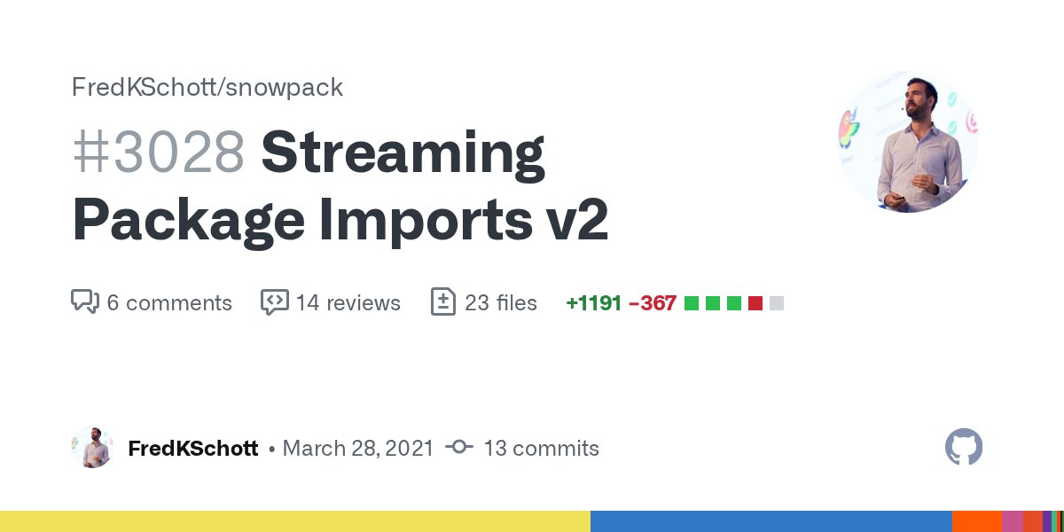 FredKSchott's tweet card. Note: "streaming packages" is an opt-in Snowpack feature that changes the normal "node_modules" lookup behavior to grab packages for you, when you import them. I...