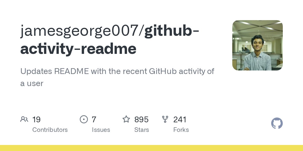 jsdotgit's tweet card. Updates README with the recent GitHub activity of a user - jamesgeorge007/github-activity-readme