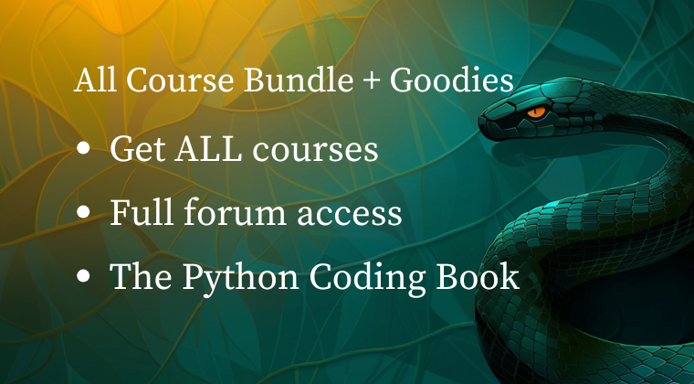 ThePythonPlace's tweet card. Get all 12 Python courses in one affordable bundle. Go from beginner to proficient with courses ranging from beginners to object-oriented programming, advanced functions and iteration, NumPy and...