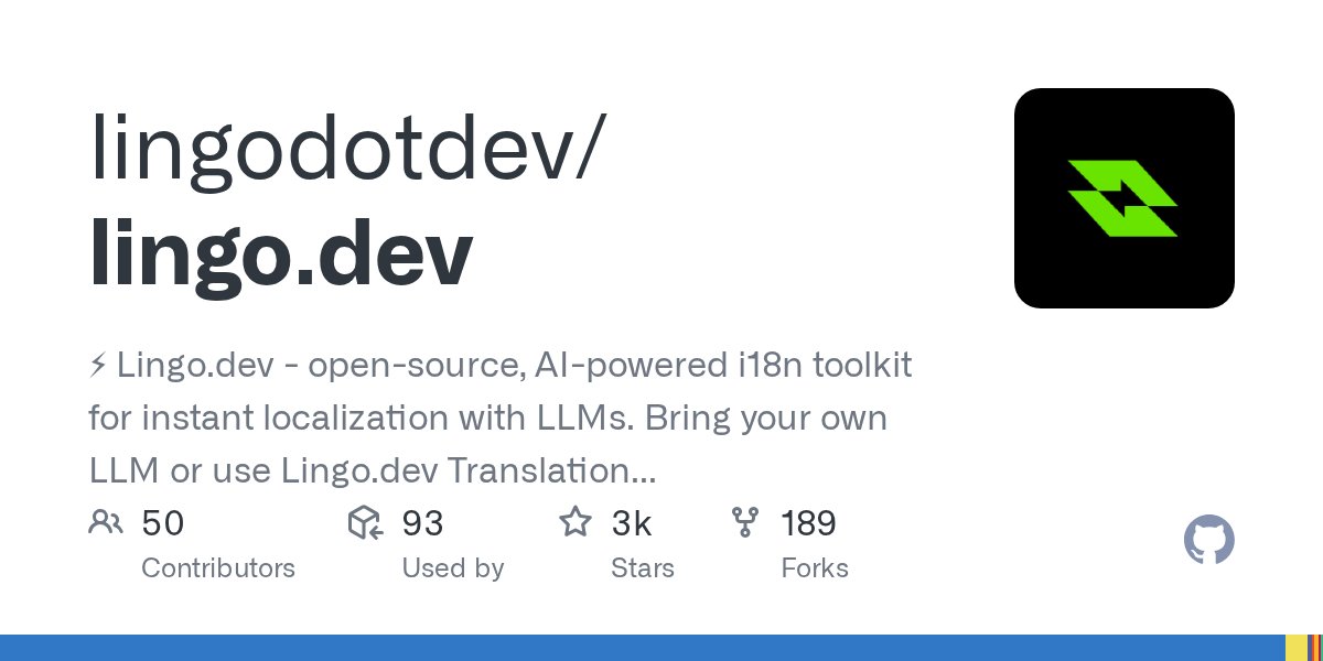 lingodotdev's tweet card. ⚡ Lingo.dev - open-source, AI-powered i18n toolkit for instant localization with LLMs. Bring your own LLM or use Lingo.dev Translation Engine. Join discord: - lingodotdev/lingo.dev