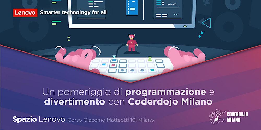 CoderDojoMi's tweet card. Coderdojo Milano @Spazio Lenovo