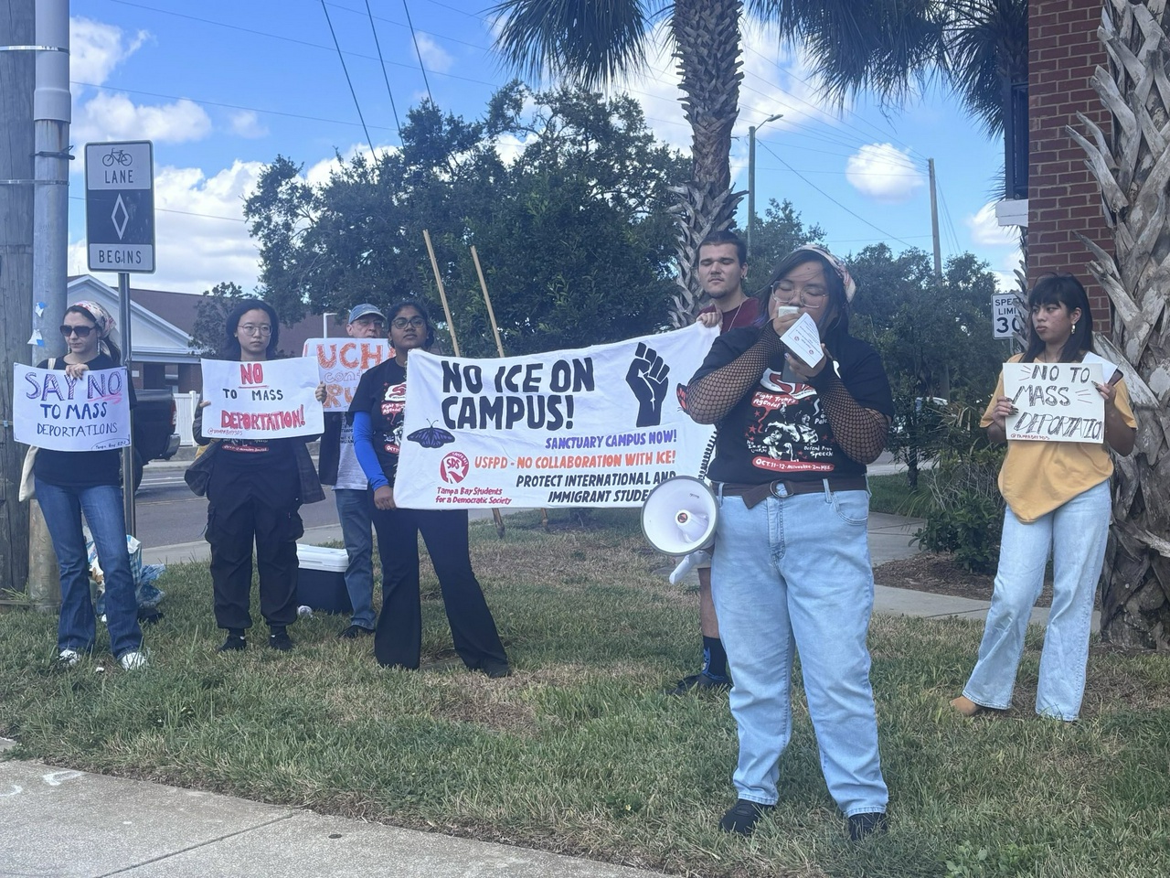 fightbacknews's tweet card. Tampa, FL - On Friday, October 17, Tampa Bay Students for a Democratic Society (SDS) held an emergency rally to demand “Hands off Chica...