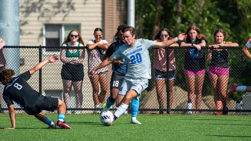 GoAssumptionU's tweet card. WORCESTER, Mass - The Assumption University men's soccer team fell to No. 1 ranked Franklin Pierce University 3-1 at Normand Marois '57 Field Friday night in Northeast-10 Conference action.