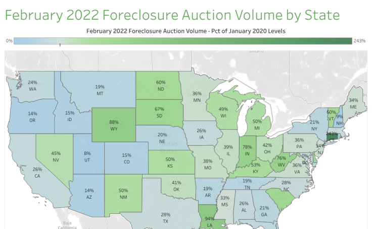 darenjblomquist's tweet card. Feb 2022 Foreclosure Auction Volume by State