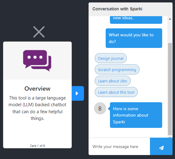 randi_c1's tweet card. S.P.A.R.K.I. (Students' Personal Assistant for Reinforcing Knowledge and Innovation) is a GPT-powered chatbot that scaffolds children's work on AI projects. S…