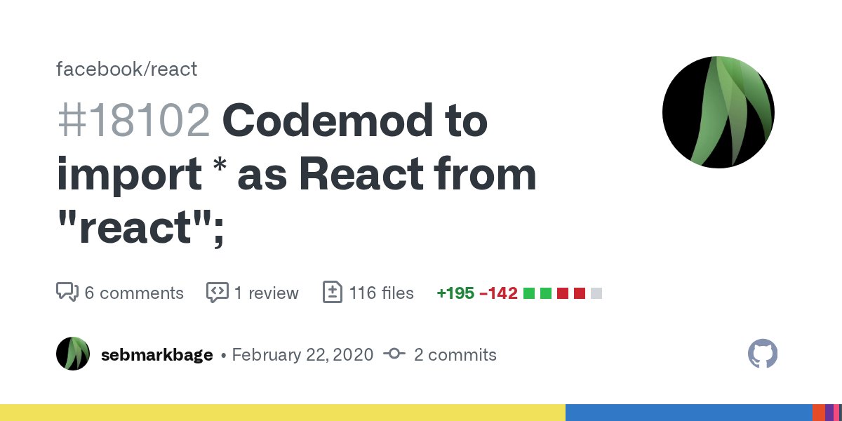 justboriss's tweet card. This is the correct way to import React from an ES module since the ES module will not have a default export. Only named exports. I'm doing some changes to named exports and this will stop ...