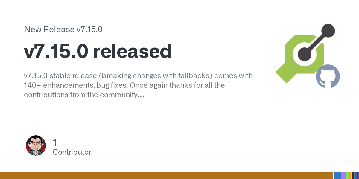 oas_generator's tweet card. v7.15.0 stable release (breaking changes with fallbacks) comes with 140+ enhancements, bug fixes. Once again thanks for all the contributions from the community. This release comes with 1 breaking ...