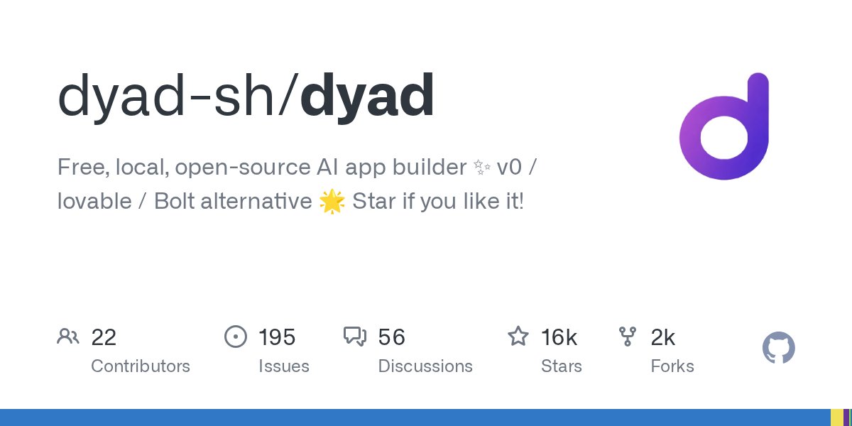 bot_for_devs's tweet card. Free, local, open-source AI app builder ✨ v0 / lovable / Bolt alternative 🌟 Star if you like it! - dyad-sh/dyad