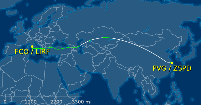 Pacego's tweet card. Track China Eastern (MU) #788 flight from Roma-Fiumicino to Int'l de Shanghái-Pudong