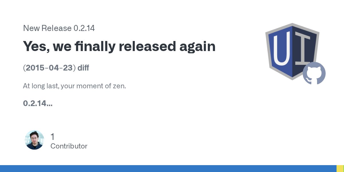 angularui's tweet card. (2015-04-23) diff At long last, your moment of zen. 0.2.14 Bug Fixes $StateRefDirective: resolve missing support for svg anchor elements #1667 (0149a7bb) $urlMatcherFactory: regex params should r...