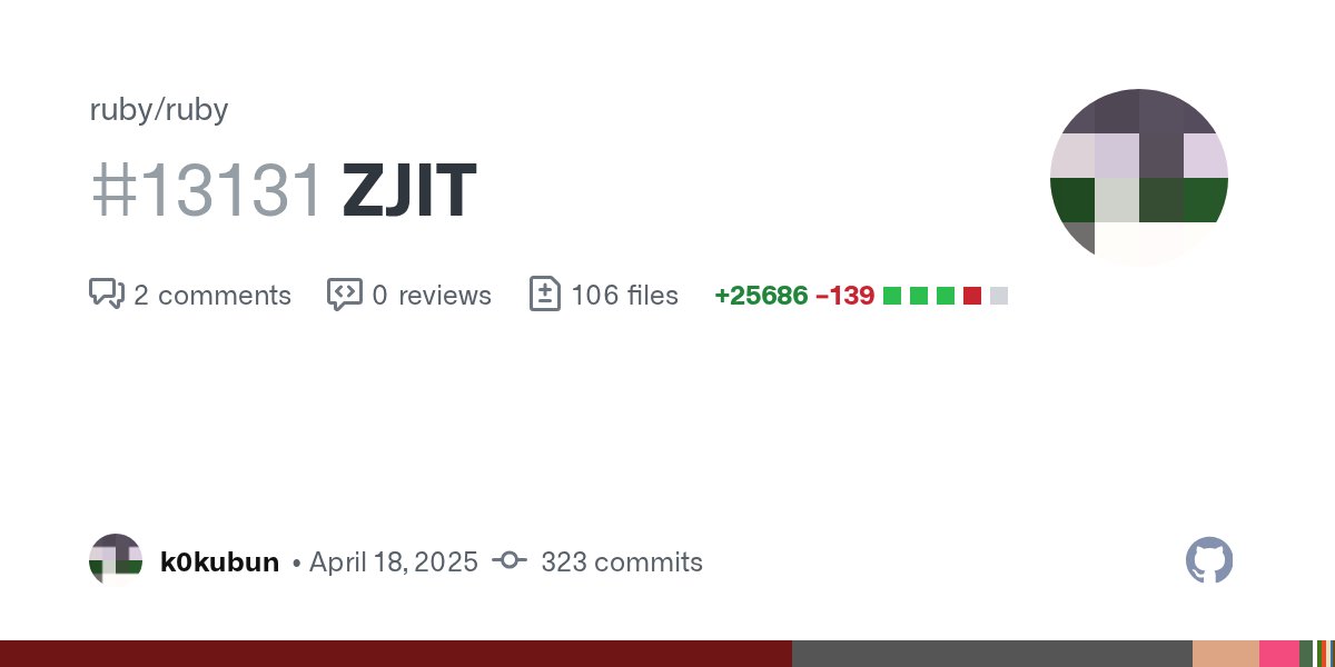 k0kubun's tweet card. This PR upstreams ZJIT to CRuby. [Feature #21221] As the ticket clarifies, ZJIT is not yet ready for evaluation; it doesn't implement side exits or invalidations, so most benchmarks crash. ...