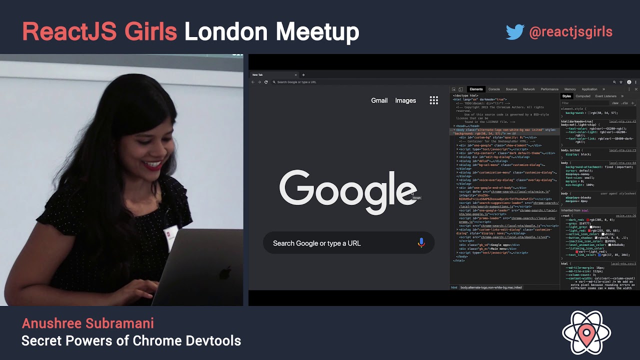 ChromeDevTools's tweet card. Anushree Subramani - Secret Powers of Chrome DevTools - ReactJS Girls...
