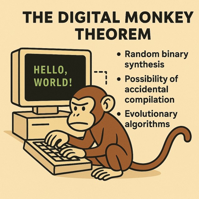 aspiecoder's tweet card. The paper explores the Infinite Monkey Theorem through a computational lens, positing that a program could randomly generate an MS-DOS executable to output “Hello, World!” With infinite…