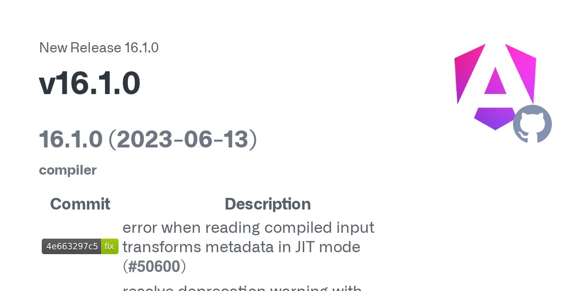rainerhahnekamp's tweet card. 16.1.0 (2023-06-13) compiler Commit Description error when reading compiled input transforms metadata in JIT mode (#50600) resolve deprecation warning with TypeScript 5.1 (#50460) cor...