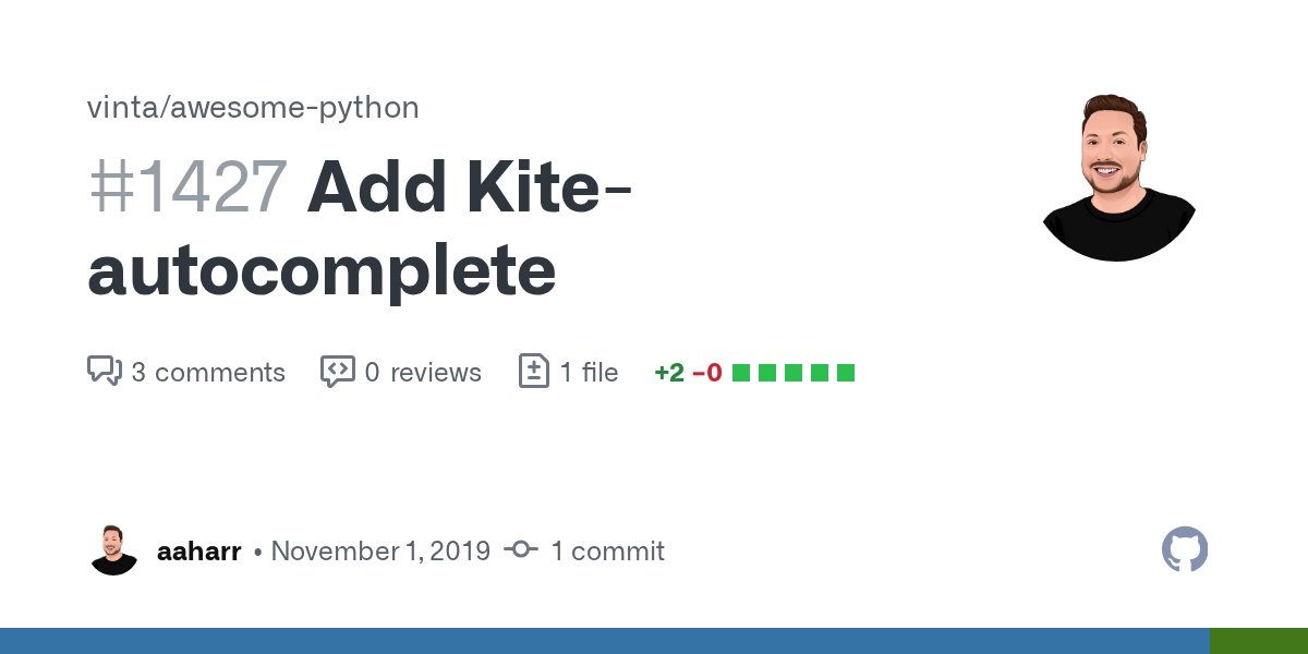 TheJoyOfPython's tweet card. Add Kite and a bullet for Cross-Editor Plugins. What is this Python project? Kite is a free plugin for Atom, VS Code, PyCharm, Sublime, and Vim that uses machine learning to provide advanced autoco...