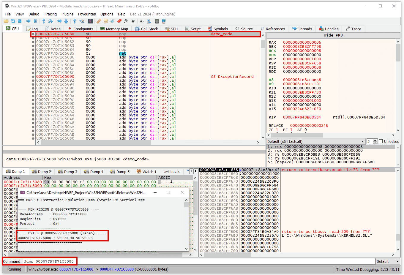 TweetThreatNews's tweet card. The article demonstrates debugging a technique where a VEH handler emulates execution of shellcode stored in non-executable .data memory using chained hardware breakpoints so the memory protection...