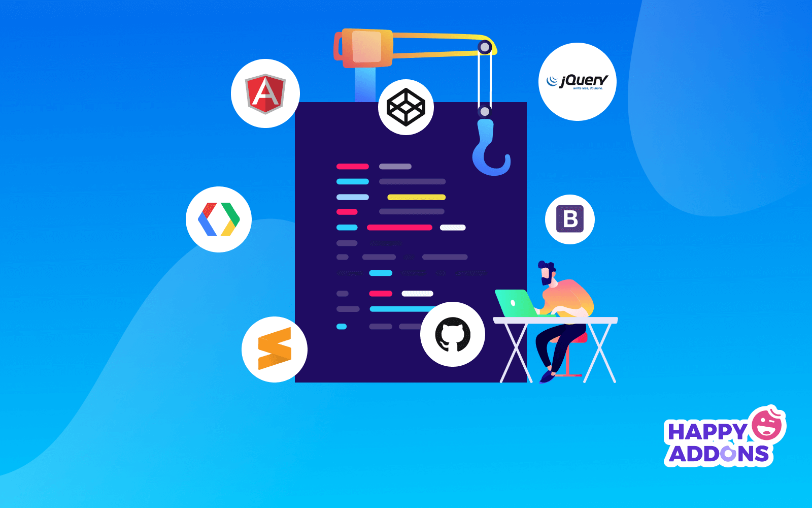 HappyAddons's tweet card. 7 best web development tools Angular.JS, Sublime Text, GitHub, Bootstrap, JQuery, Chrome DevTools, and CodePen that you should consider as a web developer.
