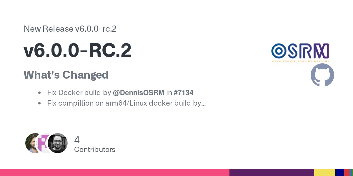 ProjectOSRM's tweet card. What's Changed Fix Docker build by @DennisOSRM in #7134 Fix compiltion on arm64/Linux docker build by @DennisOSRM in #7136 Bring back to installing header files and lib by @jcoupey in #7140 os...