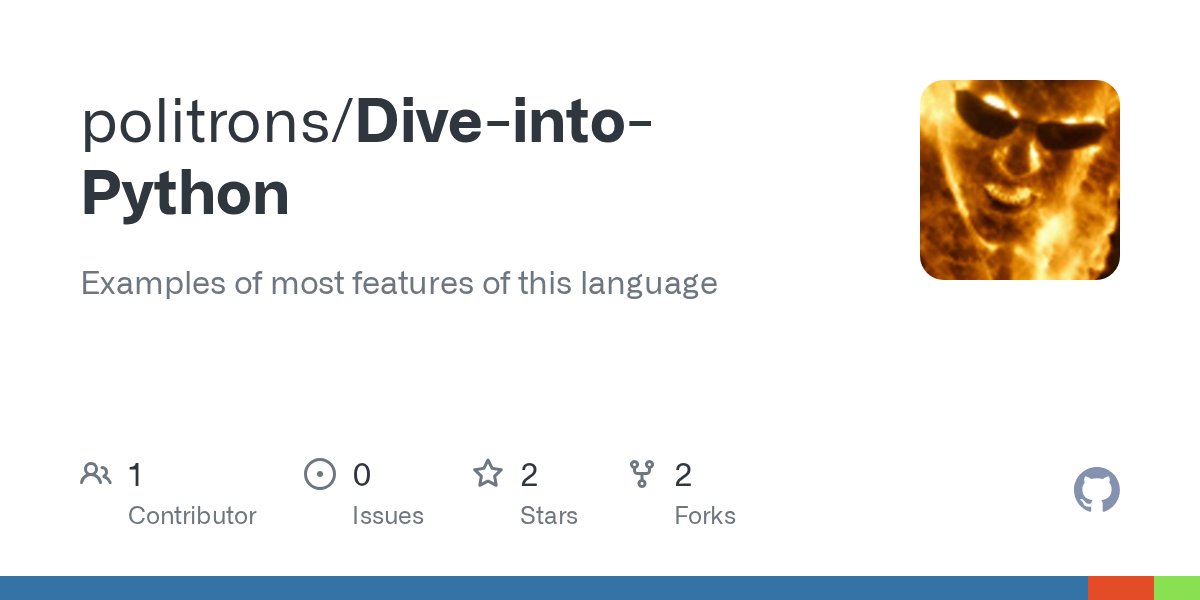 politrons's tweet card. Examples of most features of this language. Contribute to politrons/Dive-into-Python development by creating an account on GitHub.