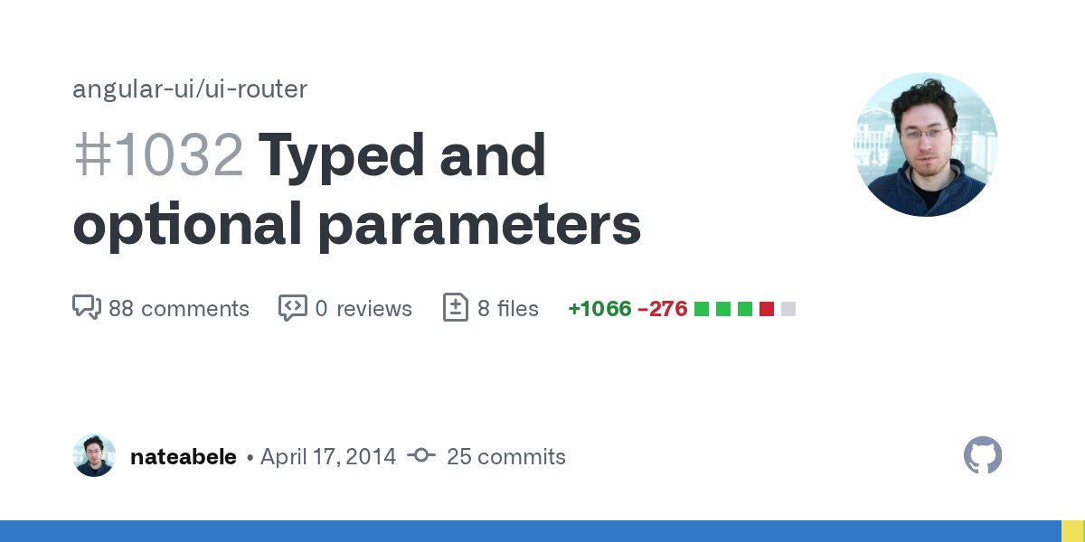 angularui's tweet card. I have overhauled the URL-matching system Here's a run-down of the new goodies and various other relevant notes: [BC-BREAK]: params is no longer mutually exclusive with url, and instead of...