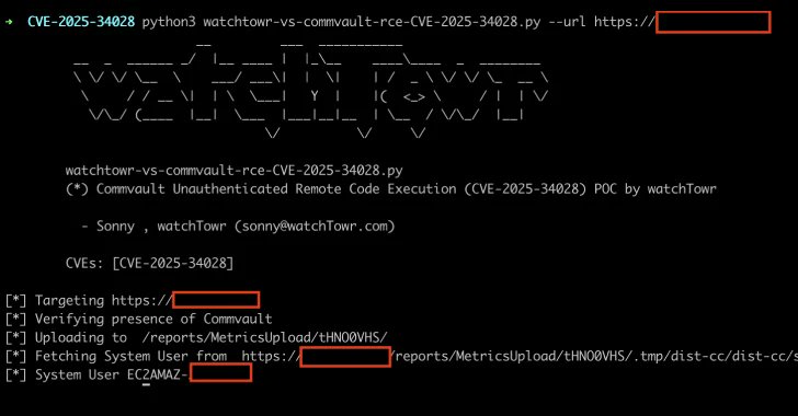 MalwarePatrol's tweet card. Commvault flaw CVE-2025-34028 enables pre-auth SSRF leading to code execution; fix in 11.38.20+ versions.