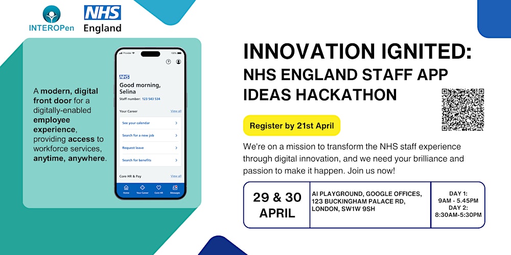 INTEROPenAPI's tweet card. Innovation Ignited: NHS Staff App Ideas Hackathon. Working to revolutionise and enhance workforce services for NHS staff.