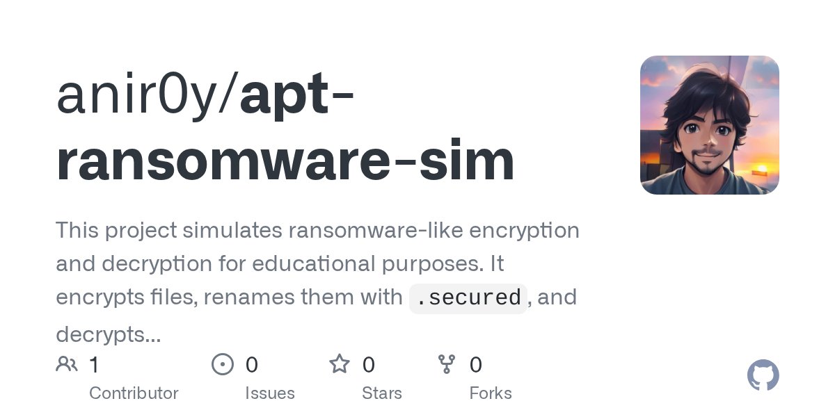 AniR0y's tweet card. This project simulates ransomware-like encryption and decryption for educational purposes. It encrypts files, renames them with `.secured`, and decrypts them using PowerShell scripts (`encryptor.ps...