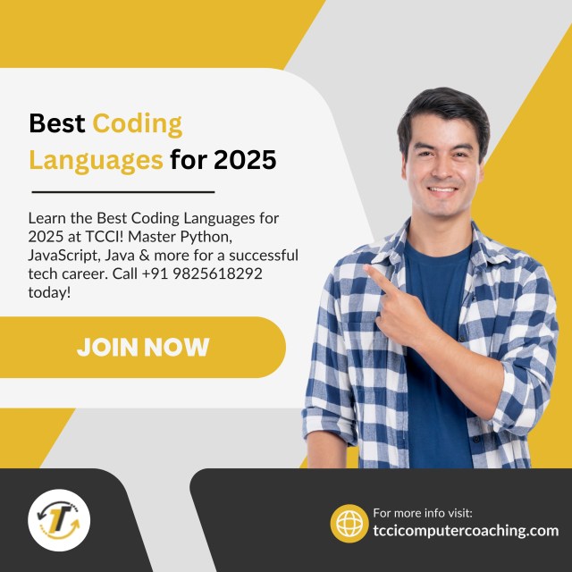 tccicomputer's tweet card. Learn the Best Coding Languages for 2025 at TCCI! Master Python, JavaScript, Java & more for a successful tech career. Call +91 9825618292 today!