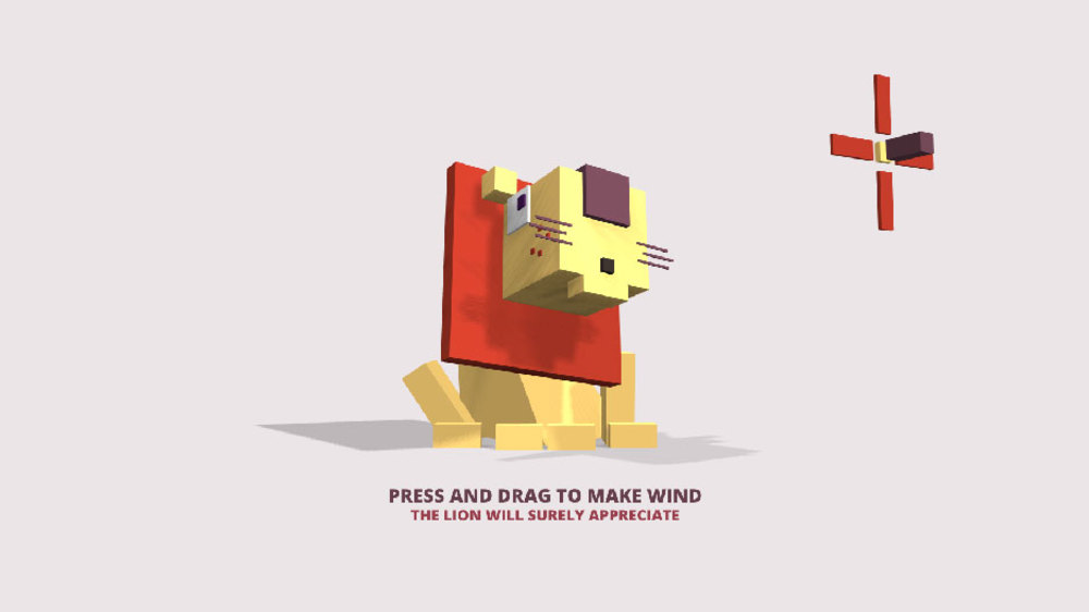 codee47's tweet card. WebGL experiment using ThreeJS. Move the fan and press to make wind, the lion will surely appreciate....