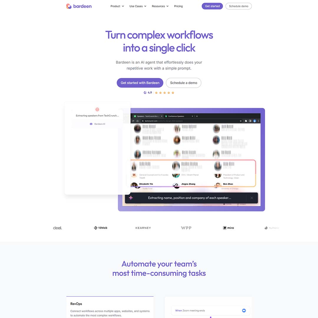 aiappindex's tweet card. Bardeen.ai is an advanced automation tool designed to streamline workflows and enhance productivity by integrating apps, automating repetitive tasks, and optimizing time management.