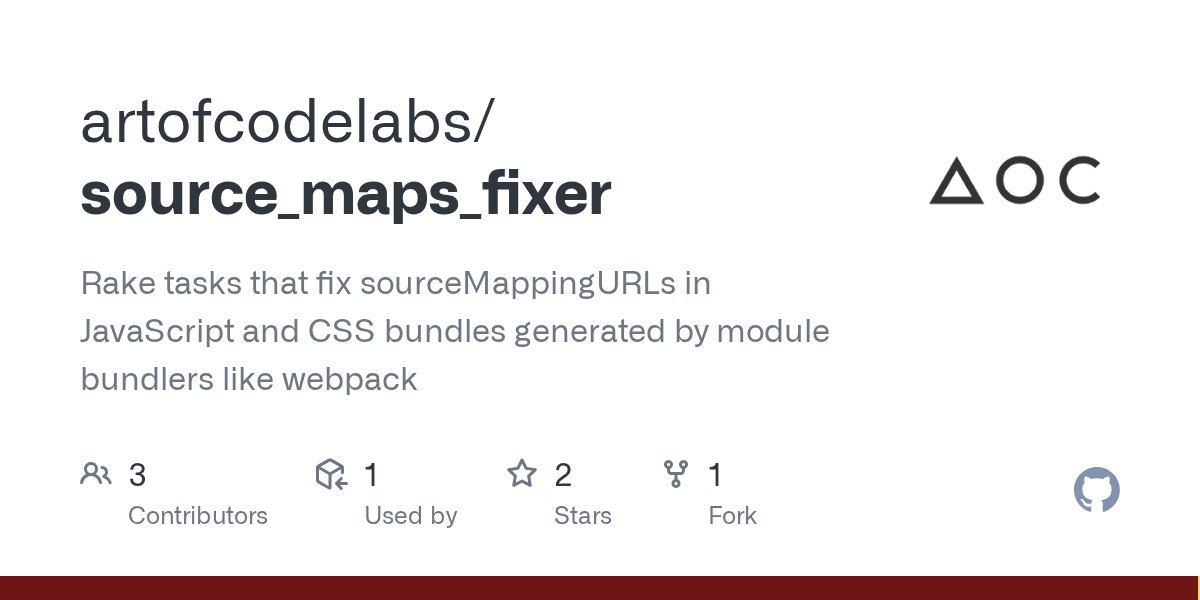 artofcode_co's tweet card. Rake tasks that fix sourceMappingURLs in JavaScript and CSS bundles generated by module bundlers like webpack - artofcodelabs/source_maps_fixer