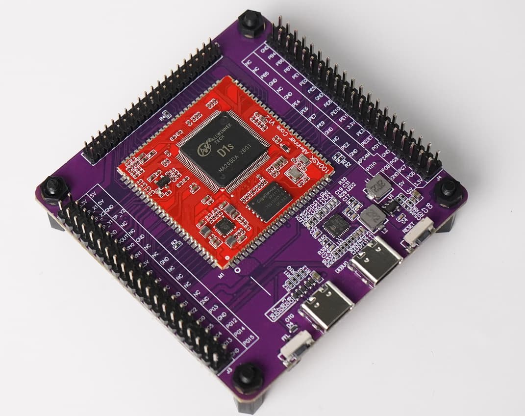cnxsoft's tweet card. The DongshanPI-D1s development board is comprised of a soldered-on Allwinner D1s RISC-V system-on-module board (SoM) and a carrier board with two 40-pin