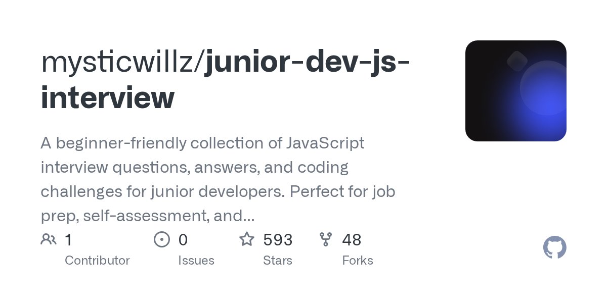mysticwillz's tweet card. A beginner-friendly collection of JavaScript interview questions, answers, and coding challenges for junior developers. Perfect for job prep, self-assessment, and learning the fundamentals - mystic...