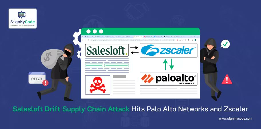Sign_My_Code's tweet card. Recent Supply chain attack hits Salesforce and Salesloft Drift. Customer data exposed as Palo Alto, Zscaler report breaches tied to UNC6395.