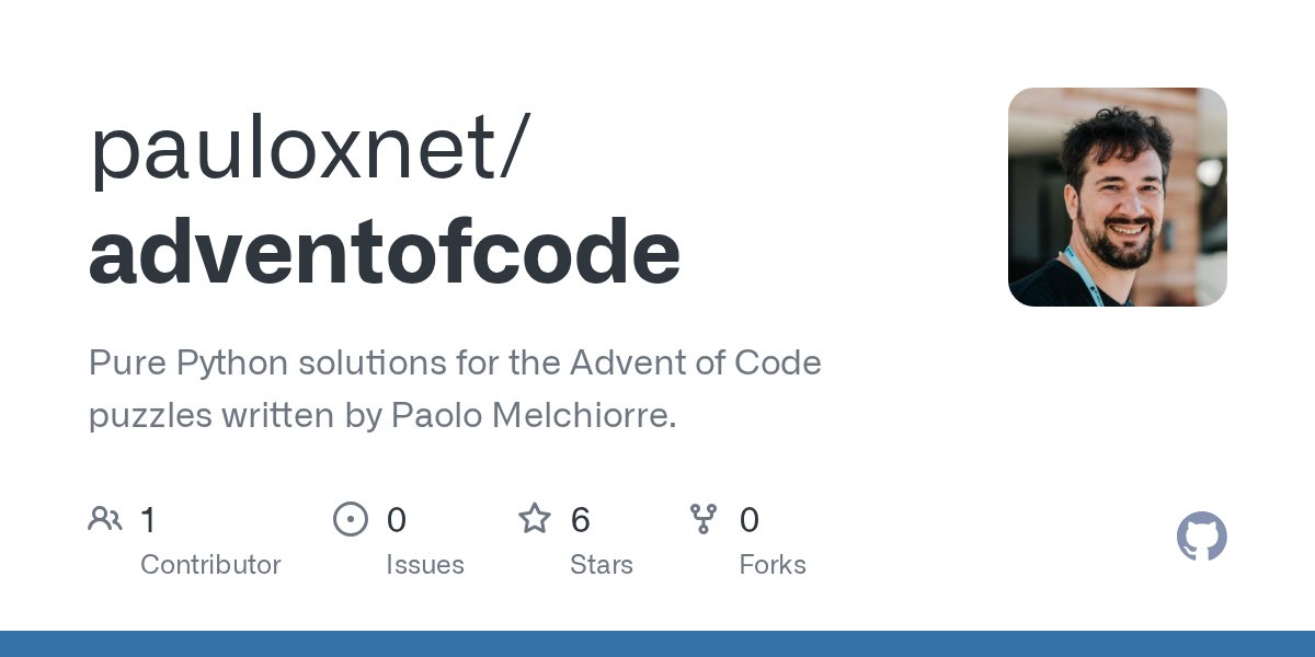 pauloxnet's tweet card. Pure Python solutions for the Advent of Code puzzles written by Paolo Melchiorre. - pauloxnet/adventofcode