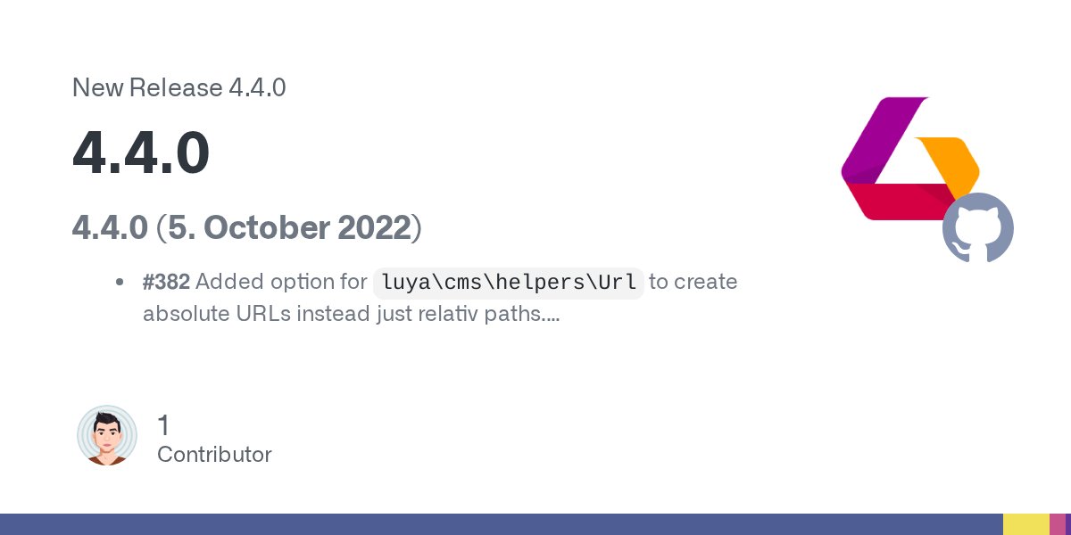 luyadev's tweet card. 4.4.0 (5. October 2022) #382 Added option for luya\cms\helpers\Url to create absolute URLs instead just relativ paths. #381 Add check whether the activeLanguageItem exists in PageTag parser.