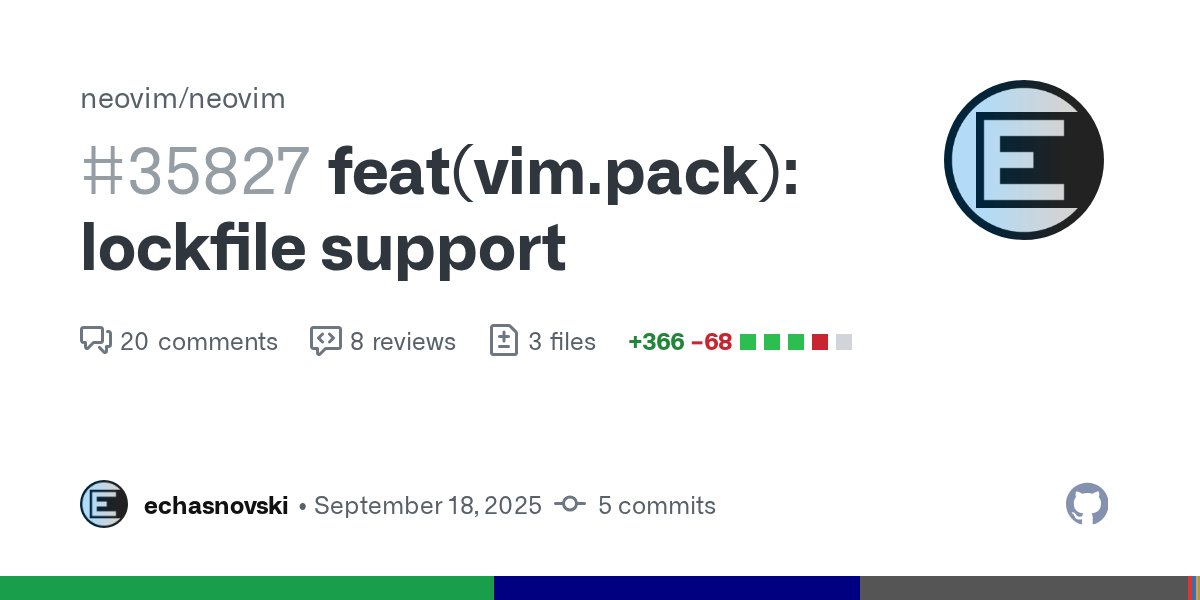 Neovim's tweet card. This PR adds initial lockfile support to vim.pack. Resolves #34776. TL;DR (more details are in commit messages): Add tracking of relevant data via on disk file. It is located at '$XDG_CON...