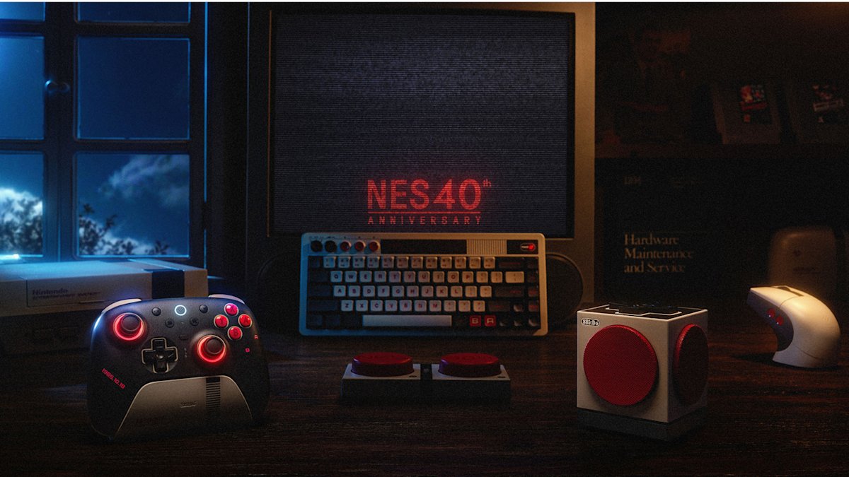 engadget's tweet card. The accessory maker announced an NES-themed Ultimate 2 controller, an aluminum alloy mechanical keyboard and the new Retro Cube 2 speaker.