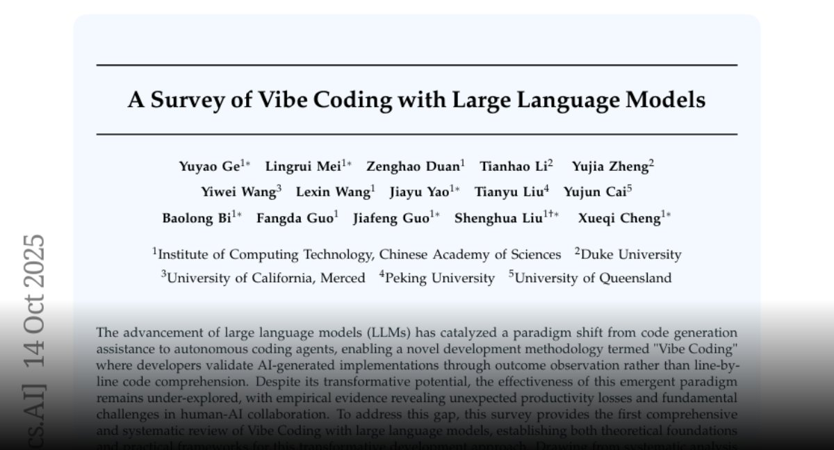 HuggingPapers's tweet card. Paper page - A Survey of Vibe Coding with Large Language Models